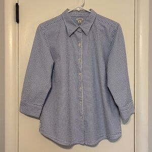 L.L. Bean Women's Classic Seersucker Button-Front Shirt Top Blouse M Blue Stripe
